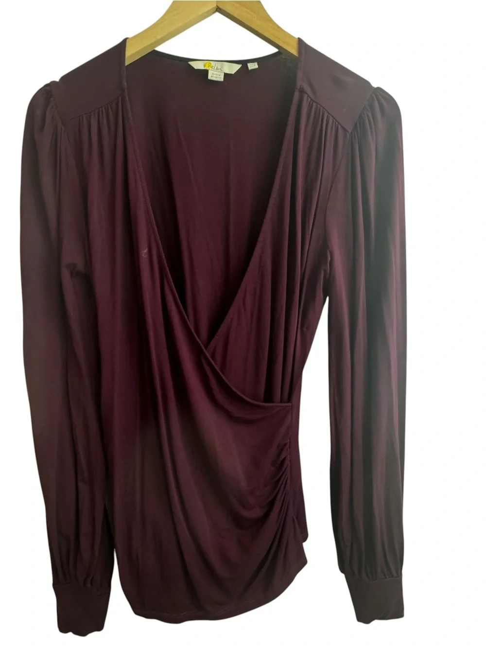 Boden Blouson Wrap Top Burgundy V Neck Cuff Long Sleeve Size 8